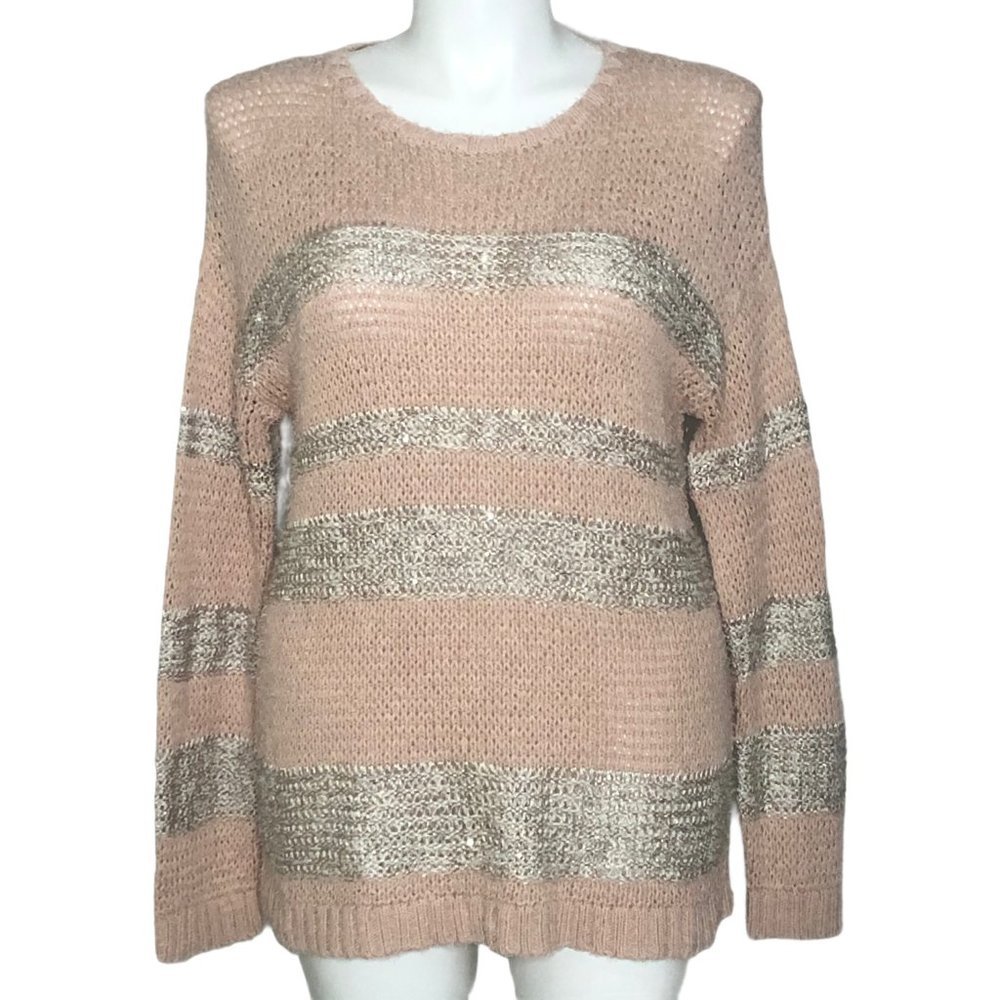 Chico’s NWT Marley Pullover Sweater, Pink Silver Sparkle Stripe Women's 2 (L)